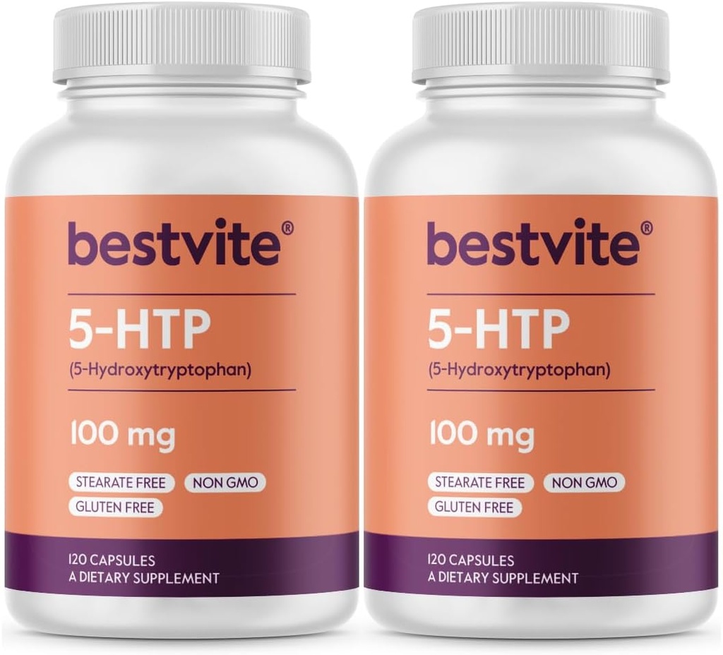 BESTVITE 5- HTP 100mg (240 kapsułek) (120 x 2) - Brak stearynianów - Brak środków przepływowych - Nie GMO - Bez glutenu
