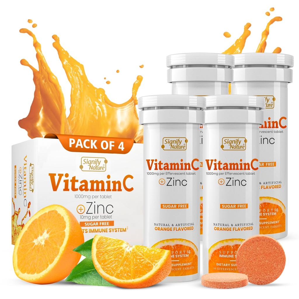 SIGNIFY NATURE Vitamin C 1000mg Effervescent Tablets - Potent Immune Support VIT C with Zinc Supplement - Sugar-Free & Vegan Formula | Dissolvable Vitamin C Tablets - Water Soluble Fizzy Elixir - 40CT