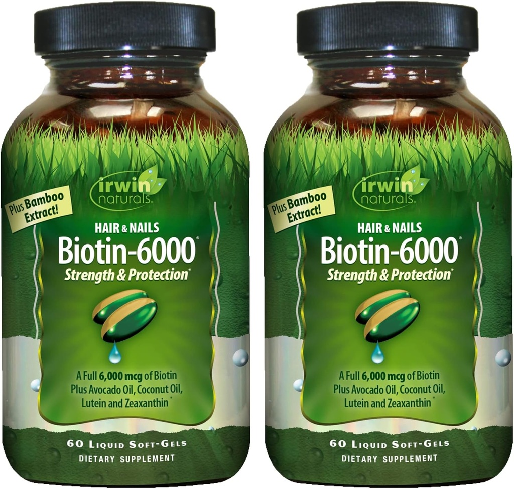 Irwin Naturals Biotin- 6000- 60 Płynne Soft- żele, Opakowanie 2 - Podtrzymuje wytrzymałość i ochronę włosów i paznokci - z Avocado Oil, Olej kokosowy, Luteina i Zeaksantyna - 60 Służenie ogółem