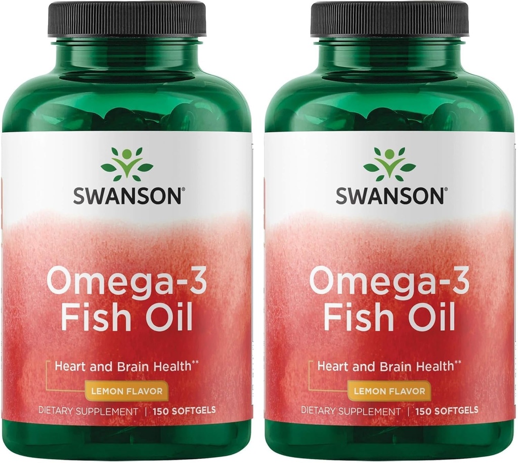 Swanson Omega 3 Fish Oil Supplement Heart Brain and Joint Support GMO- Free EFA 180 mg EPA Plus 120 mg DHA 150 Softgel Kapsułki Lemon Flavor (2 opakowania)