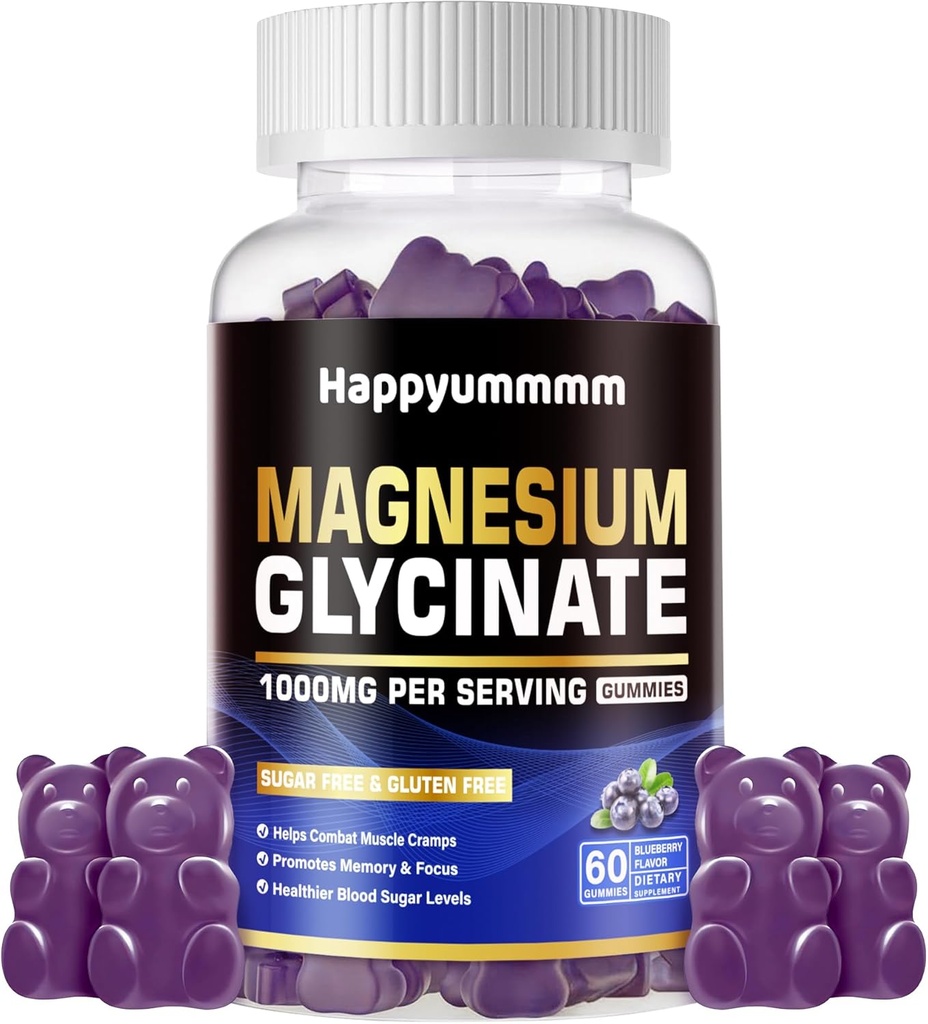 Glucynian magnezu Gummies 1000mg - Suplement potasu bez cukru Magnezu z witaminą D, B6, CoQ10 dla uspokojenia nastrojów i wsparcia snu - 60 Gummies z jagodami