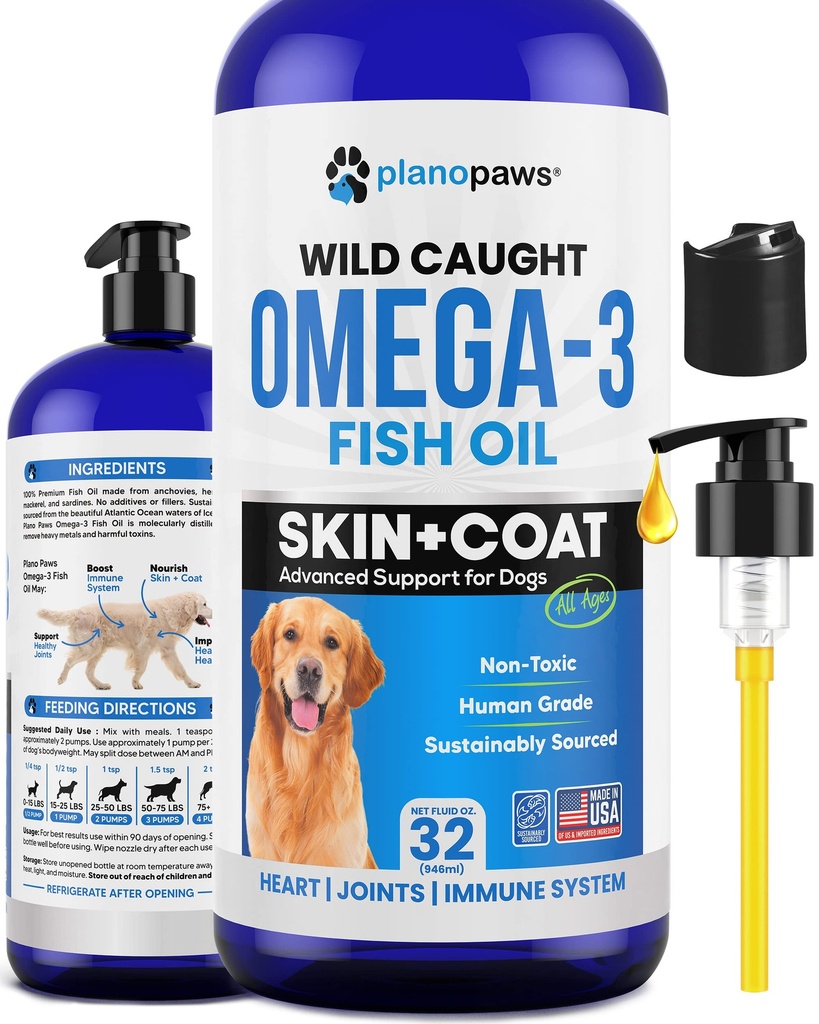 Omega 3 Olej rybny dla psów - Lepsze niż olej z łososia - Dog Fish Oil Supplement to Reduce Shedding & Swędzenie - Pomaga Joints, Mózg i Heart Health - Skin and Coat Supplement - Płynny olej rybny