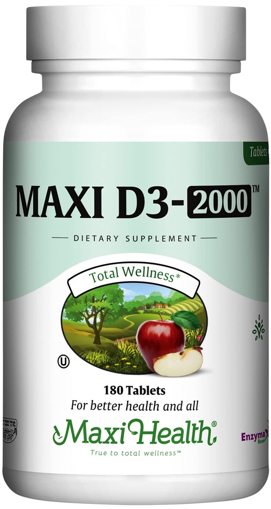 Maxi Health Kosher Witamina D3 2000j. m. - Wysoce wchłanialna witamina D Suplementy dla zdrowej odpowiedzi immunologicznej, Wchłanianie wapnia, Zęby i Zdrowie Kości - D3 Witamina 2000 j. m. - 180 Tabletki