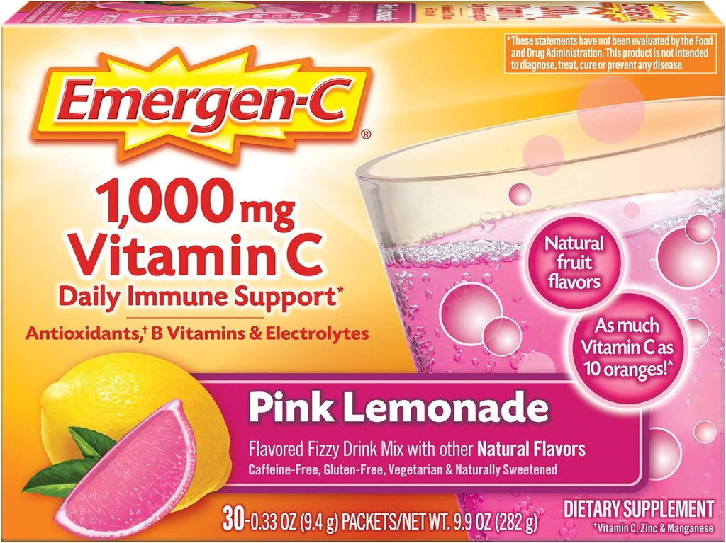 Emergen- C 1000mg Witamina C Proszek, z przeciwutleniaczami, Witaminy B i Electrolytes, Suplementy odporności dla wsparcia immunologicznego, Kofeina wolna Fizzy Drink Mix, Różowy Lemoniada Flavor - 30 Count (Opakowanie 12)