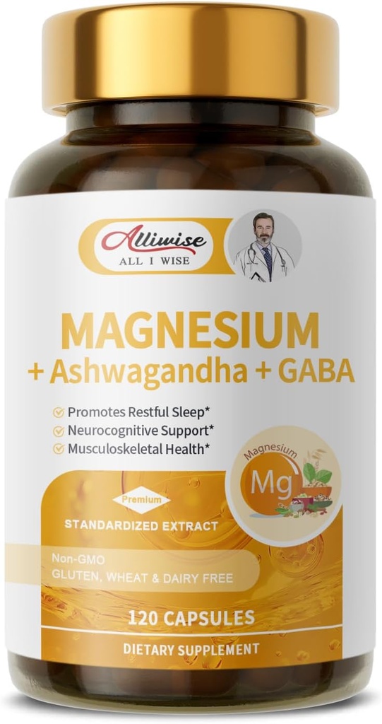 Magnesium Supplement + Ashwagandha & GABA, Magneium Glycinate, Taurate, Malate Complex for Clam Sleep, Muscles Recovery, Nerves, & Energy Support, High Absorption Vegan, Non-GMO - 120 ct