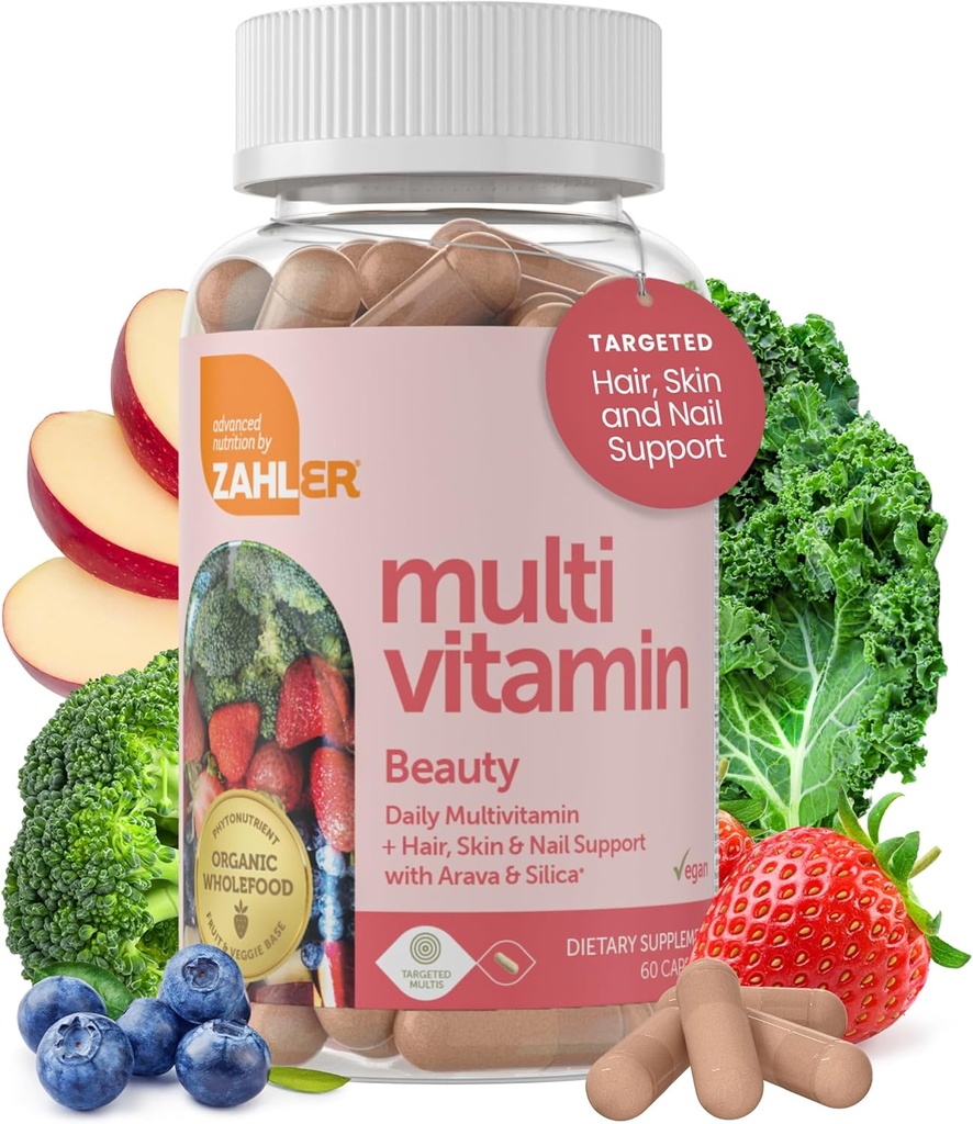 Zahler Multivitamin Beauty, Daily Multivitamin + Support skóry włosów i paznokci, dla kobiet i mężczyzn z żelaza, Certified Kosher, 60 Kapsułki