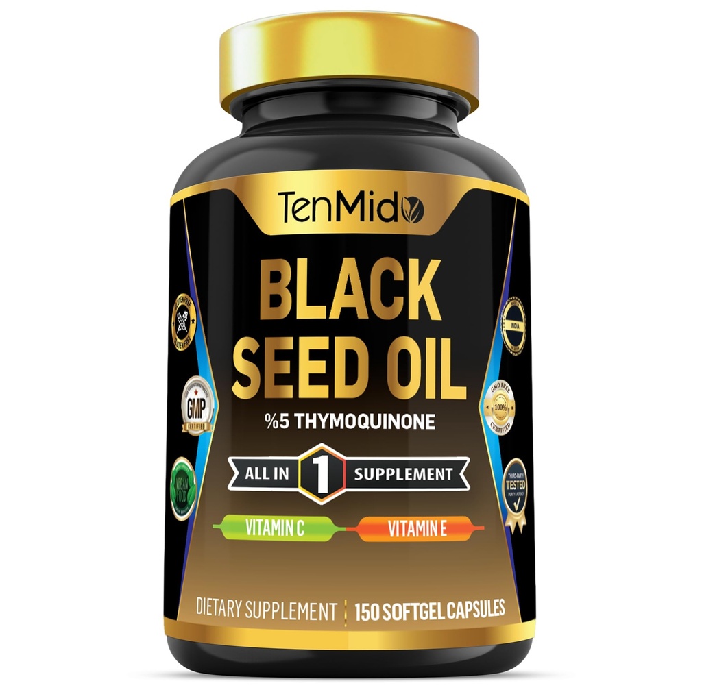 Black Seed Oil Capsules Supplement - 4in1 Formuła - Połączenie z witaminą C, Witamina E - Zdrowie pokarmowe, Wsparcie immunologiczne - Bogata w odżywkę - 150 Softgel kapsułki