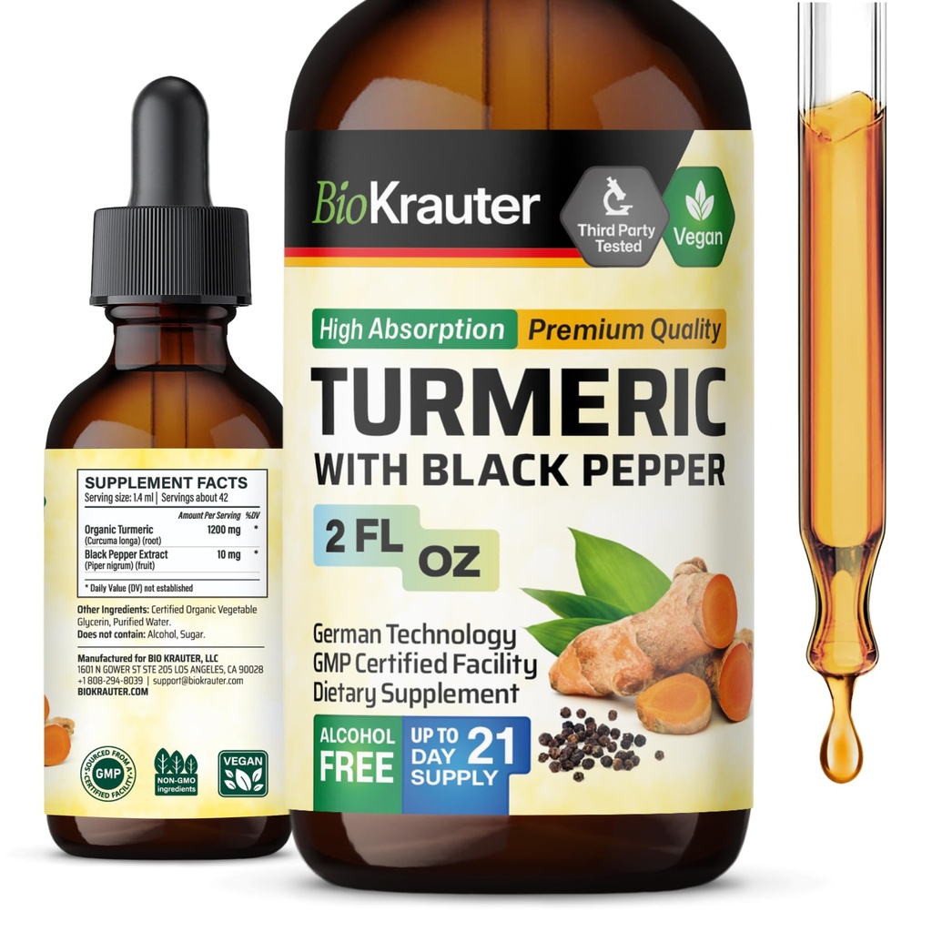 BIO KRAUTER Turmeric Supplement Tincture - 1200 mg kurkuminy kurkuminy z Black Pepper Extract - Alkohol i cukier wolny - Vegan Drops 2 Fl.Oz.
