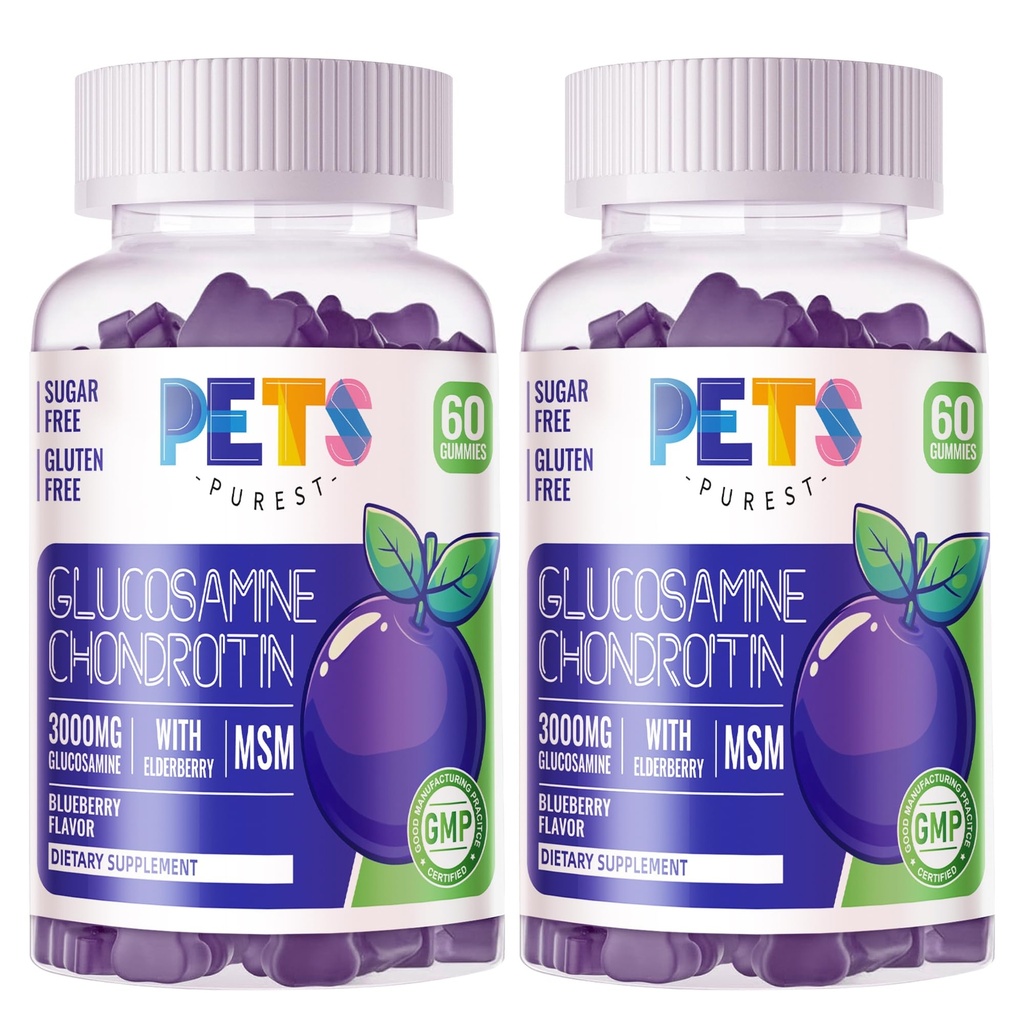 Zwierzęta domowe Najczystsza Glukozamina Gummie Chondroitin z mumm & Elderberry Extra Siła - Wspólne wsparcie, Antyoksydant immunologiczny suplement wsparcia dla dorosłych, Mężczyźni i kobiety. (2 Pack) Blueberry