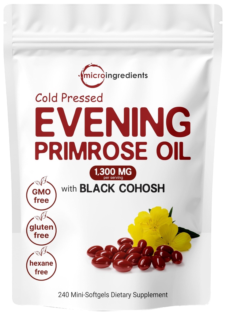 Micro Składniki Wieczorne Primrose Oil 1300mg Per Serving, 240 Softgels 124; Wzmocnione z 40mg Black Cohosh Extract, Cold Pressed - 10% Aktywny GLA, Non-GMO, No Gluten, Łatwy do połykania