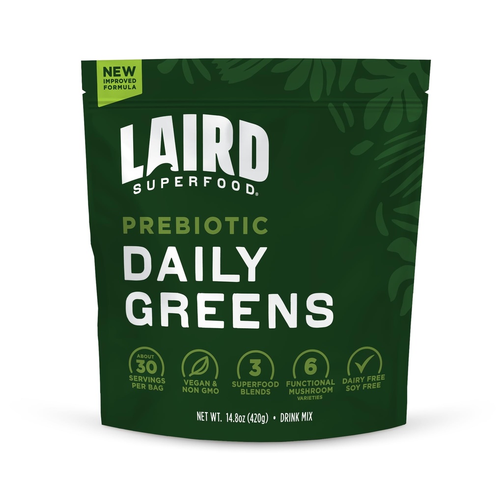 Laird Superfood Prebiotic Daily Greens Powder - Esential Vitamin & Minerals - Fiber prebiotyczny, Adaptogen and Fruits & Vegetables - Supports Gut Health - Non-GMO, Vegan - 14.8 oz Bag, Pack of 1