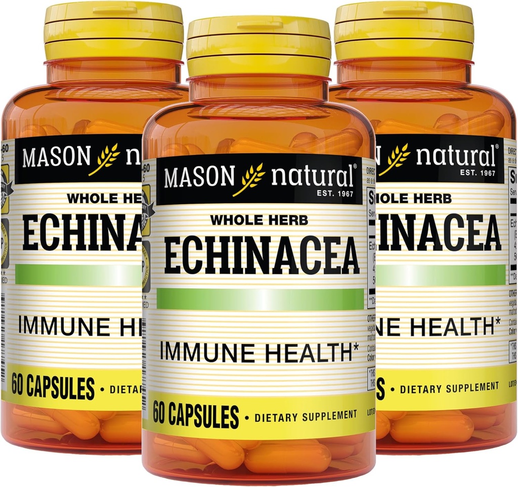 MASON NATURAL Echinacea, Wzmacniacz układu immunologicznego, wspomaga ogólne zdrowie, suplement ziołowy, 60 kapsułek (opakowanie po 3)