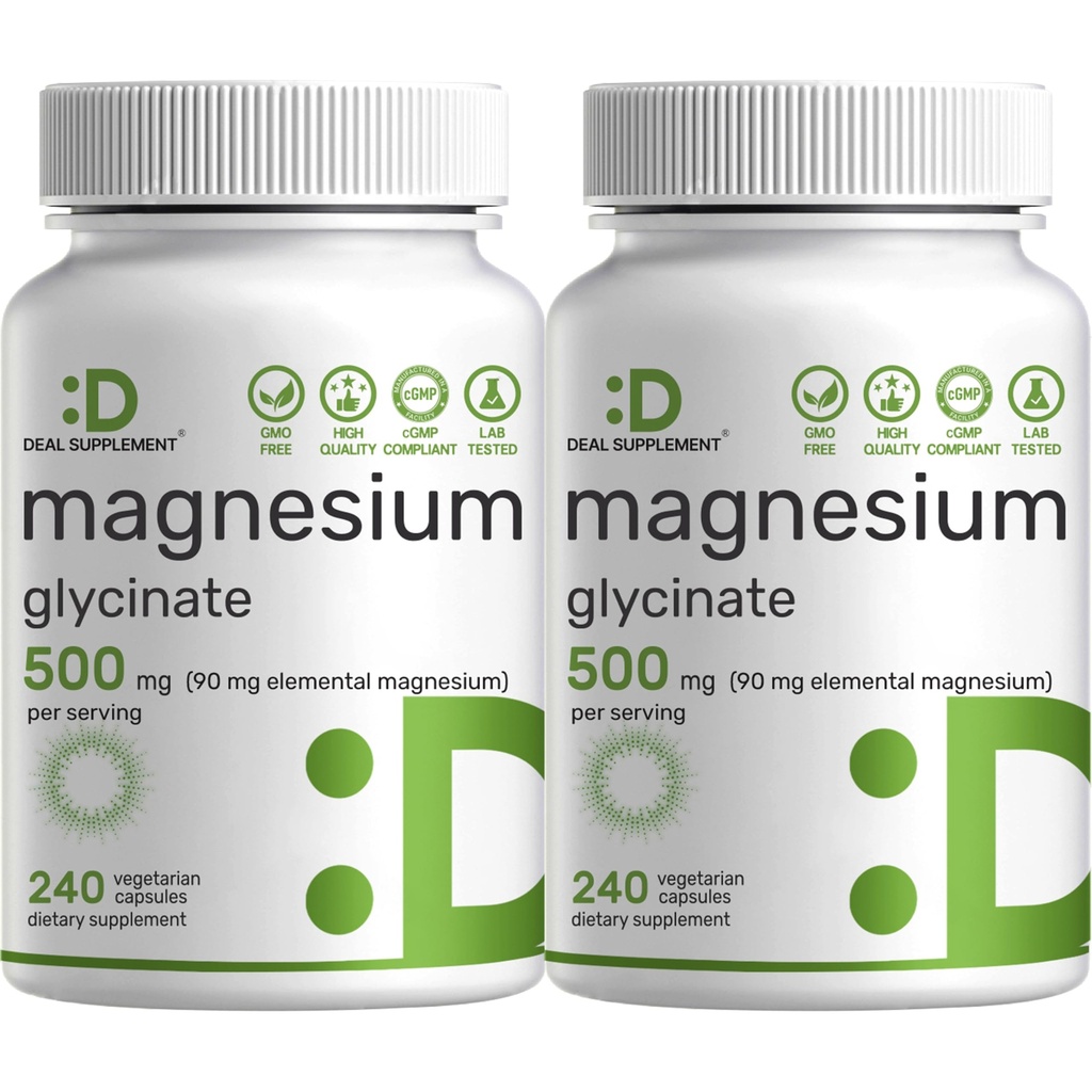 2 Opakowanie Magnezu Glicynian 500mg, 480 Kapsułek wegetariańskich 124; 100% chelatowany dla łatwego wchłonięcia 124; Zasadniczy suplement mineralny dla mięśni, snu, & zdrowia serca
