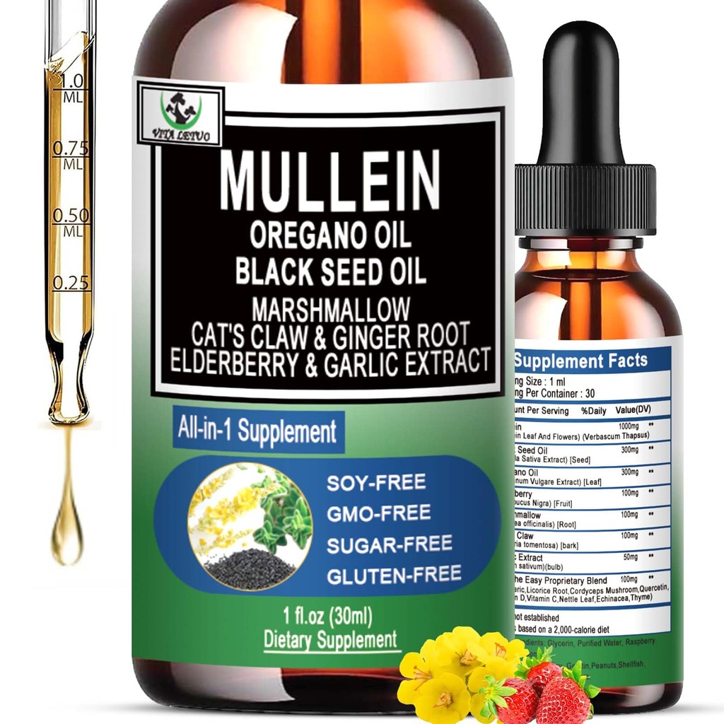 16- in-1 Organic Mullein Drops for Lungs Gold 124; Mullein Leaf Extract in / Oil of Oregano with Black Seed Oil Belgium 124; Non-GMO & gluten Free Research Liquid Drops