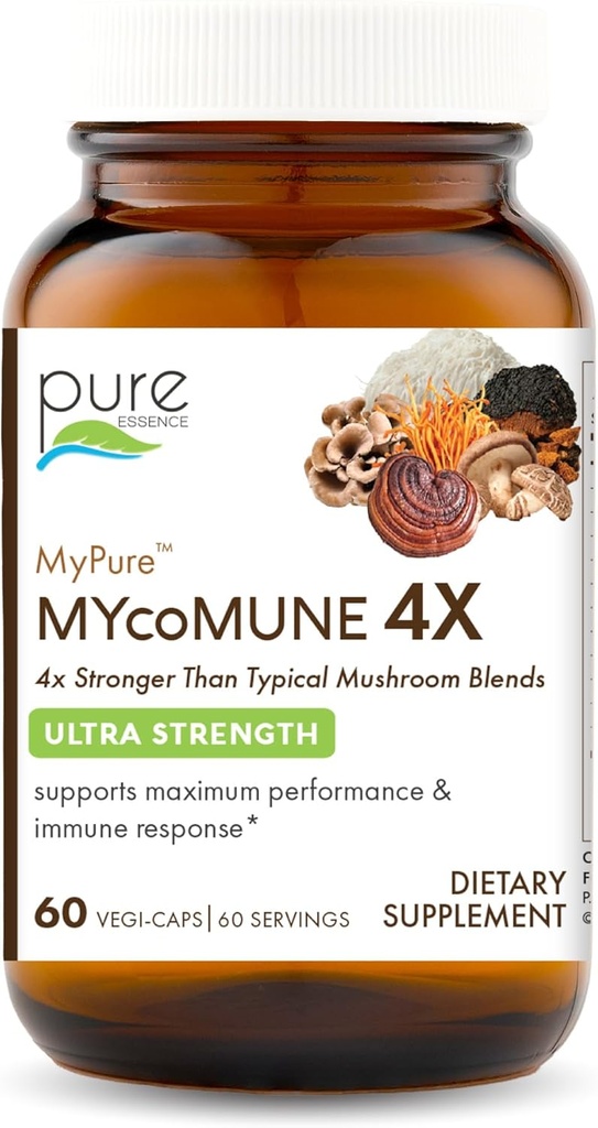 MycoMune 4X Organic Mushroom Supplement - Reishi, Lion 's Mane, Cordyceps, Chaga, Shiitake, Maitake dla układu immunologicznego, Stres bojowy, Build Energy by Pure Essence - 60 Caps