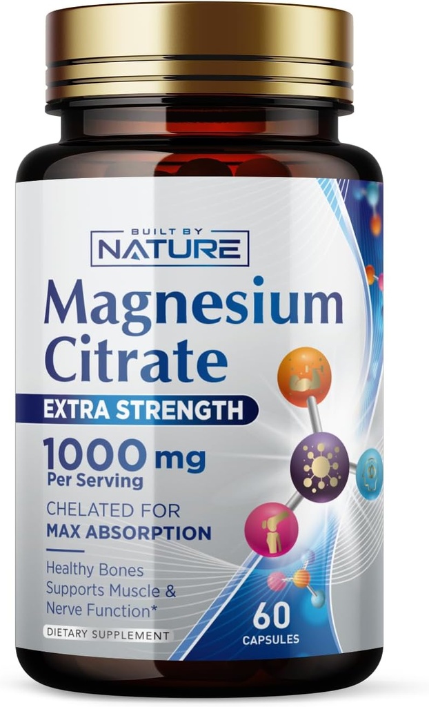 Magnezu Citrate 1000mg - Max Wchłanianie i Wysoka potencja Magnezu Kompleks Suplement do Serca, Mięśnie, Nerve, Bone Health & Stress Relief - Non-GMO, Gluten- Free - 60 Kapsułki wegańskie