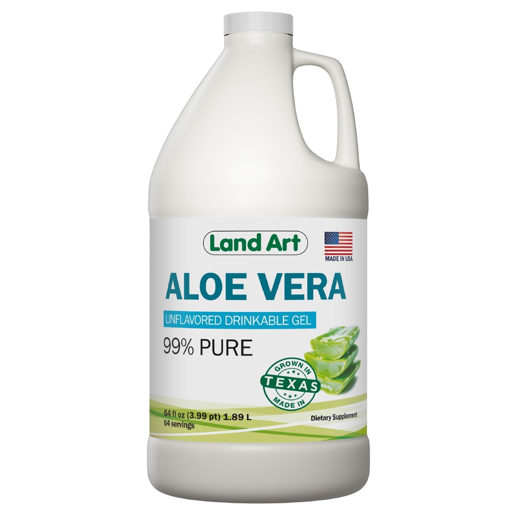 Land Art - Organic Aloe Vera Drinkable Gel for Heartburn & Acid Restructure Relief - 99,7% Pure - Cold- Processed - Implements Digestive Health - Soothing and Natural - Vegan & Gluten- Free - 64 fl oz