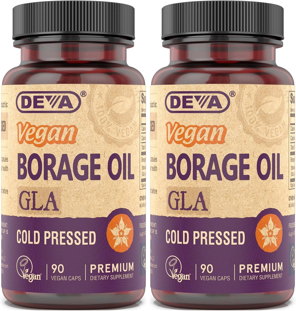DEVA Vegan Vitamin, Oil Borage 500mg, Źródło Omega- 6 Kwas tłuszczowy GLA (kwas gamma linolenowy), Cold- Pressed & Unrafinted, 90 Tabletki (Opakowanie po 2)