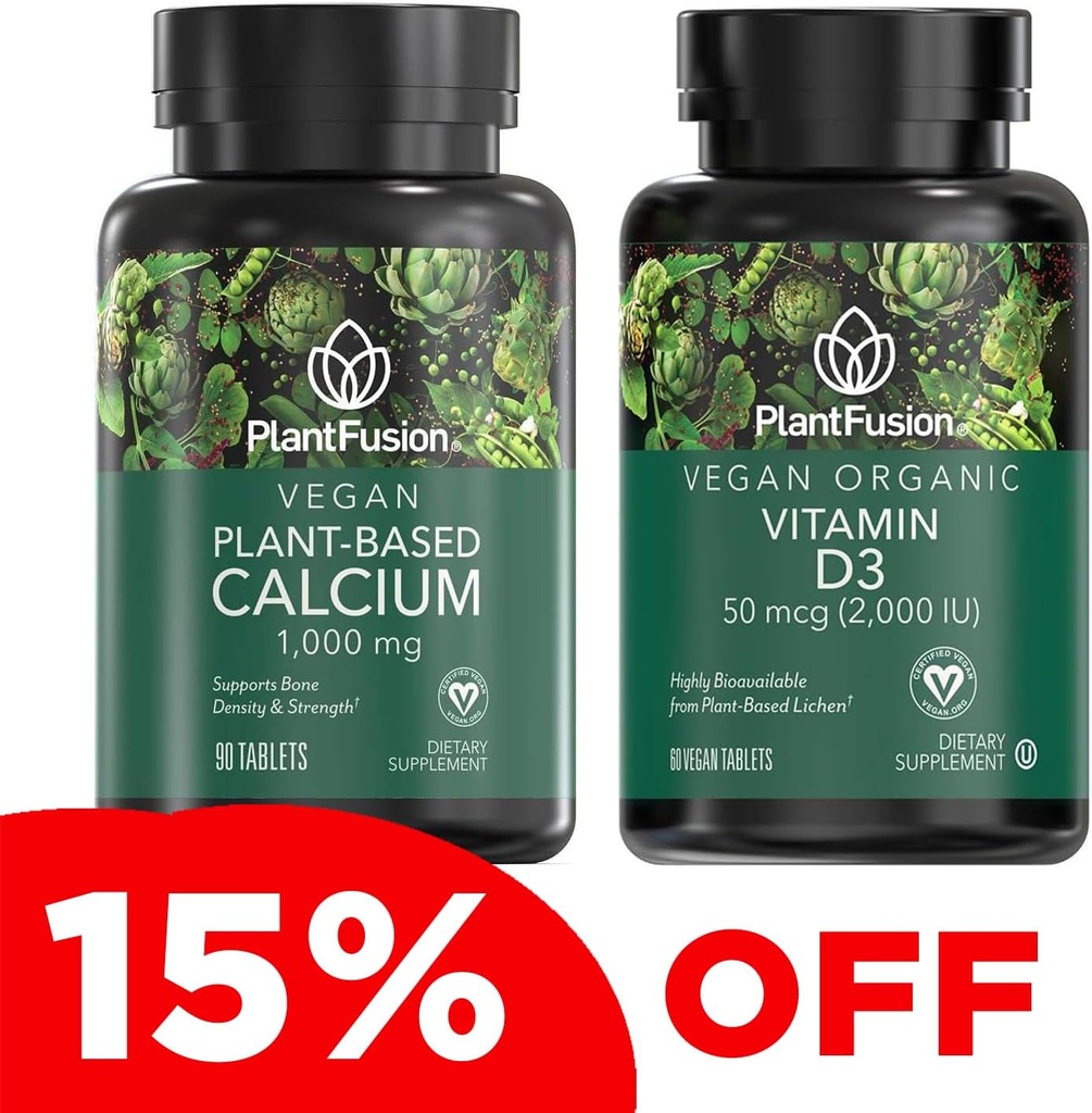 PlantFusion Wegan Wapnia & D3 Bundle - Premium Plant Based Wapń 1000mg i D3 2000IU Suplementy dla wzrostu kości, Gęstość, i Siła & Wsparcie immunologiczne