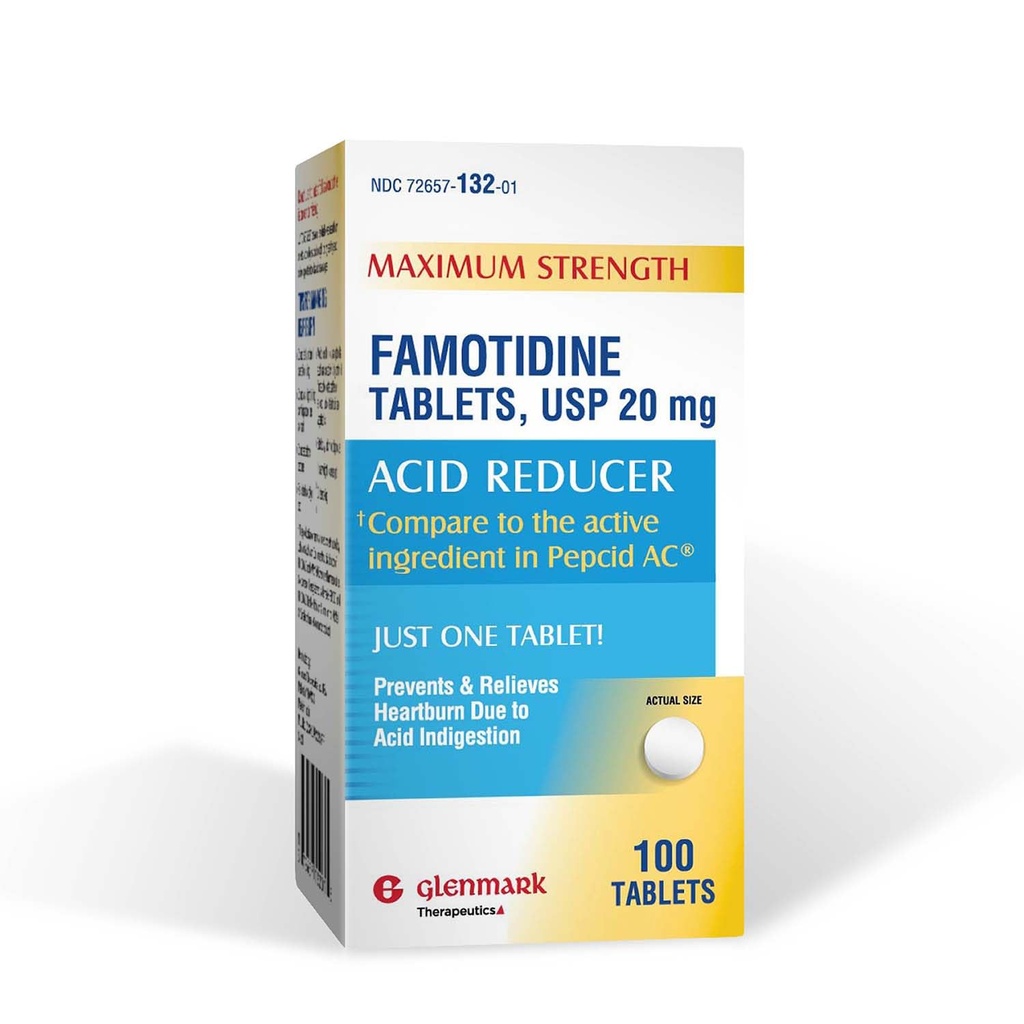 Glenmark Maksymalna moc Tabletki famotydynowe, 20 mg, Reduktor kwasowy na ulgę Heartburn, 100