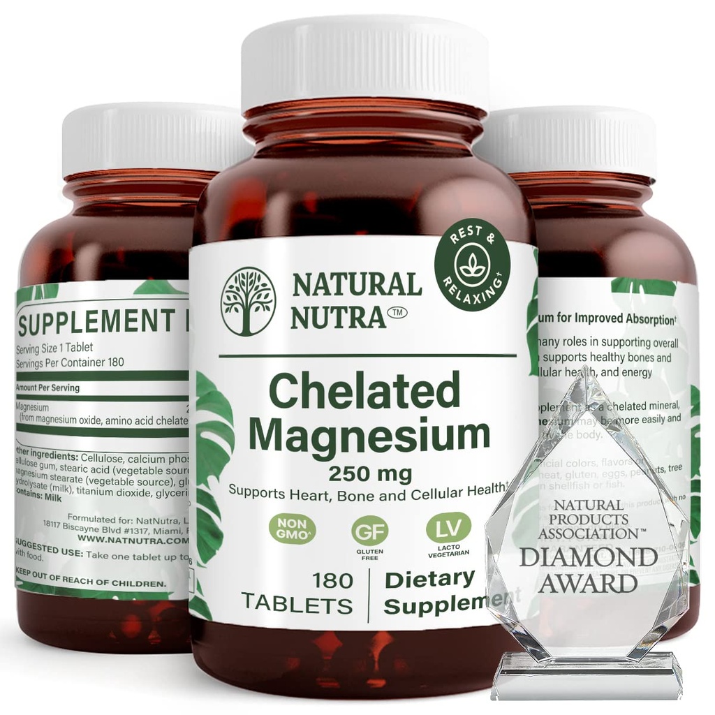 Natural Nutra Chelated tlenek magnezu 250 mg - Wysoka absorpcja dla silnych kości, Heart Health, Dental Health, Energy Boost, Gluten- Free, Non-GMO, 180 Tablets in BPA- Free Recycling Glass Bottles