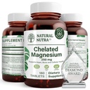Natural Nutra Chelated tlenek magnezu 250 mg - Wysoka absorpcja dla silnych kości, Heart Health, Dental Health, Energy Boost, Gluten- Free, Non-GMO, 180 Tablets in BPA- Free Recycling Glass Bottles