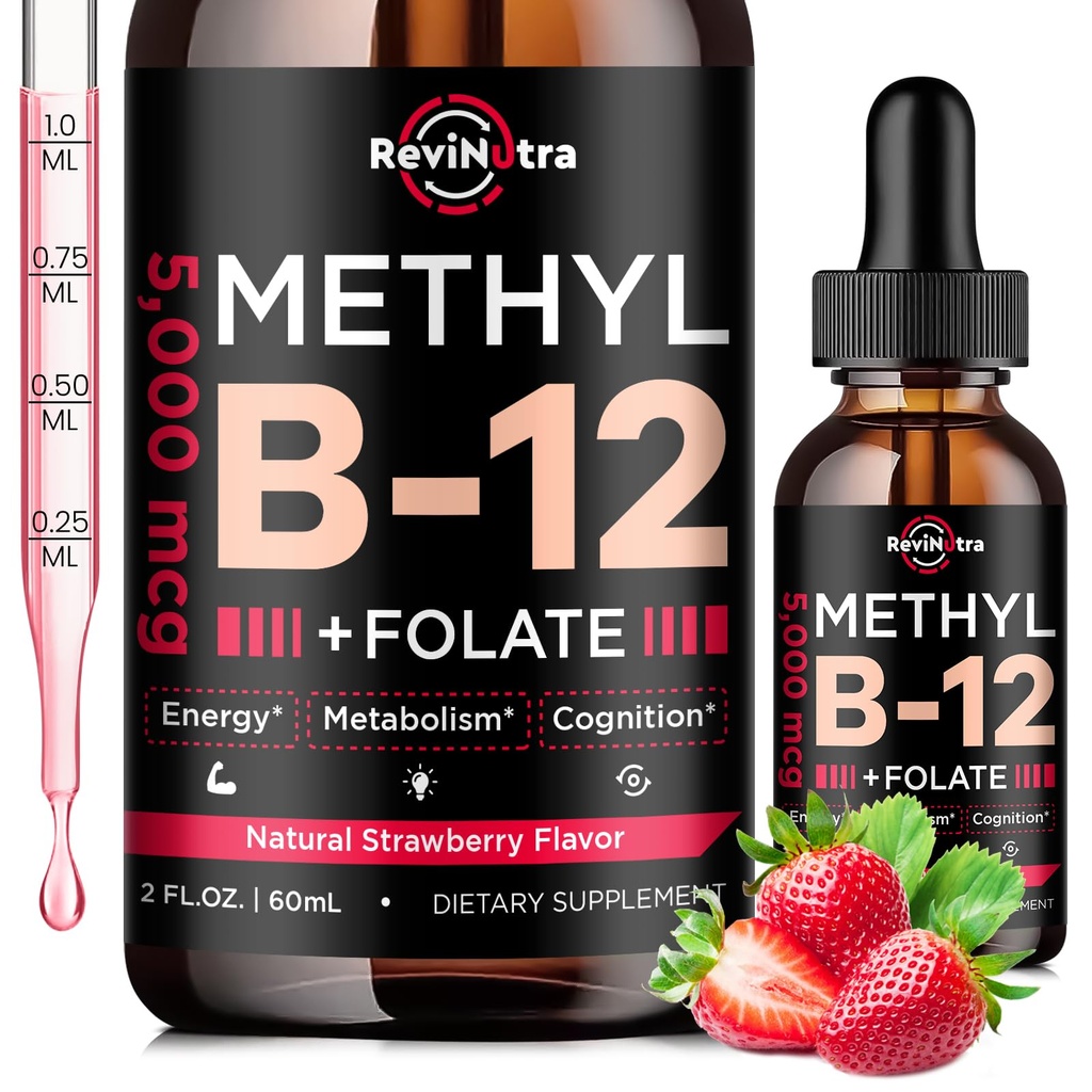 Witamina B12 krople płynne, witaminy B12 5000 µg, witamina B Suplement z metylokobalaminy B12 Podjęzykowy, Witamina B6, Folate for Energy, Mózg, Heart Health, Vegan Strawberry Flavor 2 Fl Oz