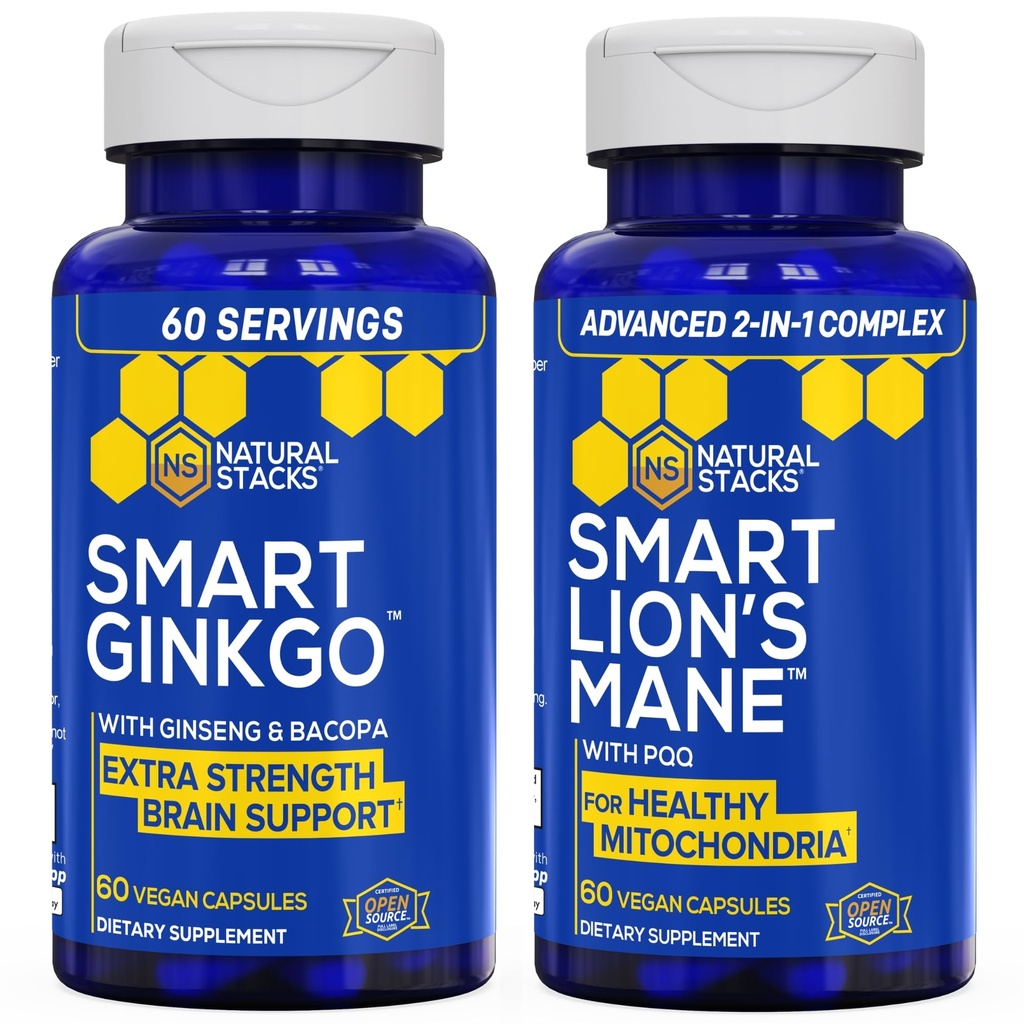 NATURAL STACKS Ginkgo Biloba + Lions Mane Mushroom Bundle - Focus & Memory Support * - 120 kapsułki