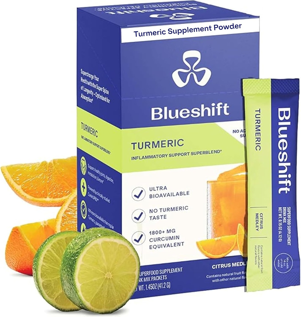 Blueshift Turmeric Citrus Medley - Turmeric w proszku pakiety do wody, Kurkumina kurkumina suplement, No Sugar Drink Mix for Natural Recovery Support - Citrus Flavor, Puder Sticks (10 Pack)