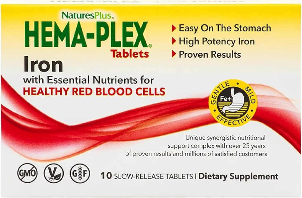 NaturesPlus Hema- Plex Żelazo - 10 Płytki - 85 mg Żelazo chelatowane - Total Blood Health - z witaminą C & Bioflavonoids - Wegan, Gluten Free - 10 Służenia