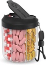 Rozcieńczalnik do piłek z 7 dużymi komorami, Pill Bottle Organizer 4.4 "H x 3.6" Dia for Travel, Supplement Organizer with Anti- Mixing Design, BPA- Free Pill Container z 20 etykiet szt., czarny