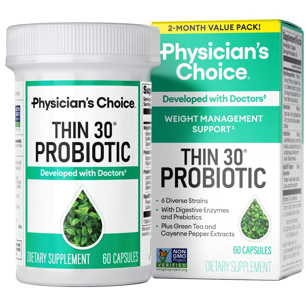 Probiotyki CHOICE lekarza do zarządzania wagą i wzdęcia - 6 struny probiotyczne - Prebiotyki - Kluczowy składnik Cayenne - Wsparcie Gut Health - Zarządzanie wagą dla kobiet i mężczyzn - Zielona herbata - 60 CT