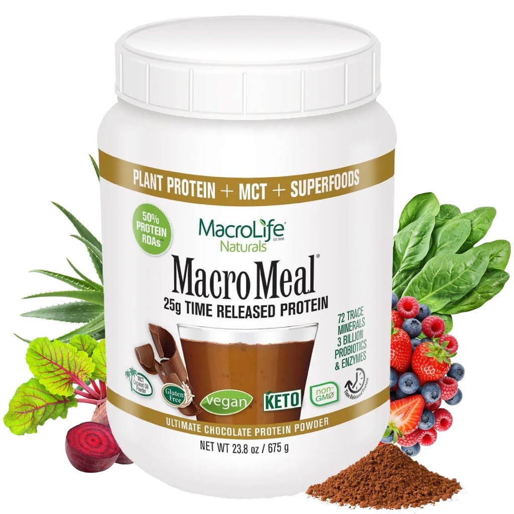 MacroLife Naturals MacroMeal Wegan Czekoladowy Białko w proszku Superfood Greens Probiotyka + Fiber, Immune Energy Digestive Daily Essentials for Wolny od Gluteny - 23.8oz (15 Servings) Czekolada