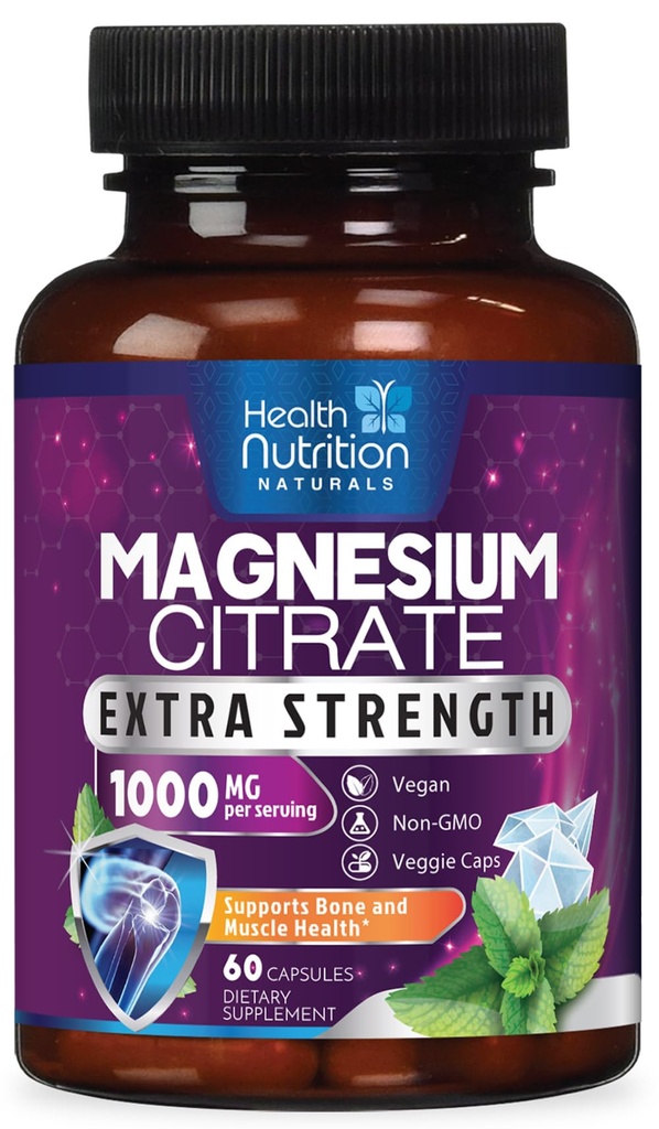 Magnezu Citrate kapsułki 1000mg - Max Absorpcja Magnezu Proszek dla Mięśnie, Nerwy, Kości i Serca Wsparcie zdrowia, Wysoka Absorpcja Citrate Complex, Gluten Free, Non-GMO - 60 Kapsułki