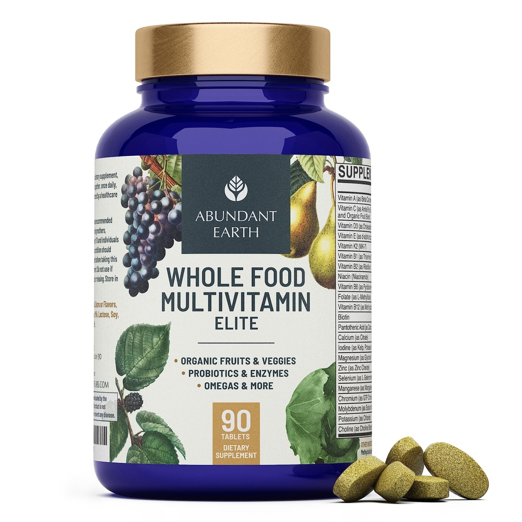 Abundant Earth Whole Food Multivitamin for Women Daily Multi Vitamin Supplements for Men Mens Multivitamin + B Complex, Probiotic Multi Enzyme, Omegas for Organic Energy Mood Divestion 90ct- 2pk