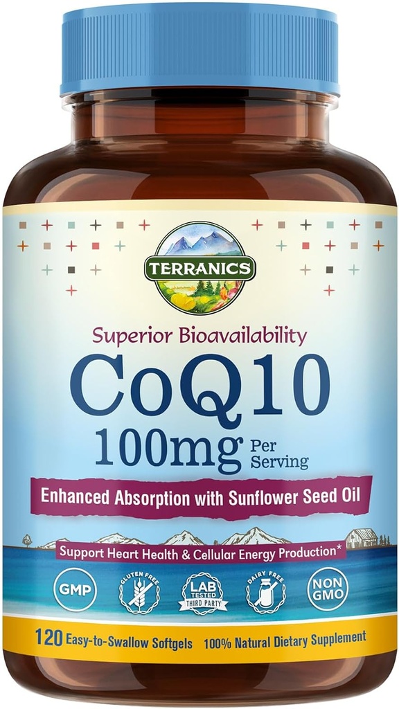 Terranics CoQ10 100mg, 120 Softgels, Wchłanianie Extra Virgin Olive Oil, Heart Health & Energy Production