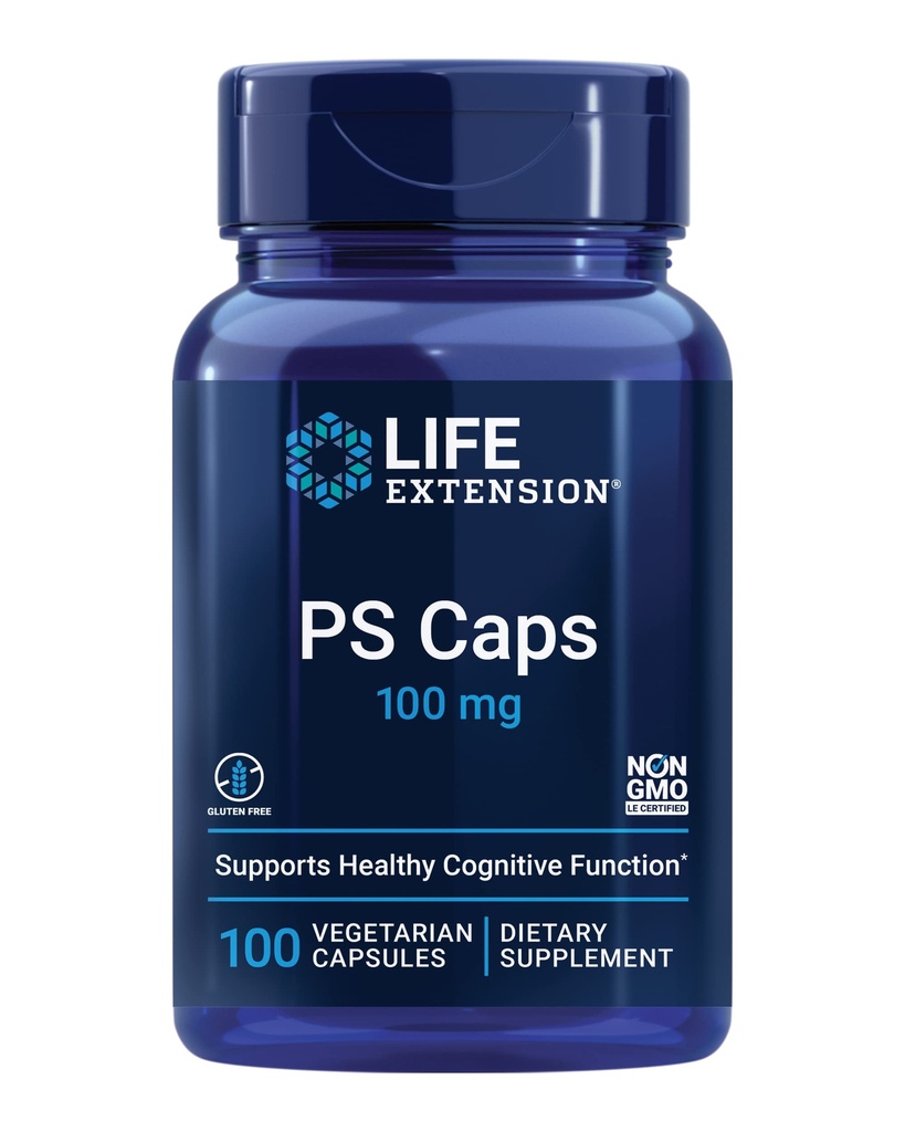 Przedłużenie życia PS Czapki, fosfatydyloseryna, do Cognitive Performance, Gluten- Free, Non-GMO, Wegetarianin, 100 Kapsułki