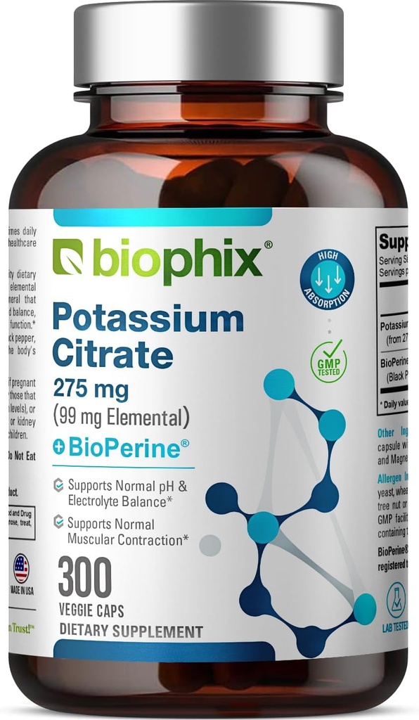 Biophix Potasu Citrate 275 mg z BioPerine 300 Kapsułki wegetariańskie - Wspiera równowagę elektrolitów, Nerve., Funkcje mięśni i Heart Health