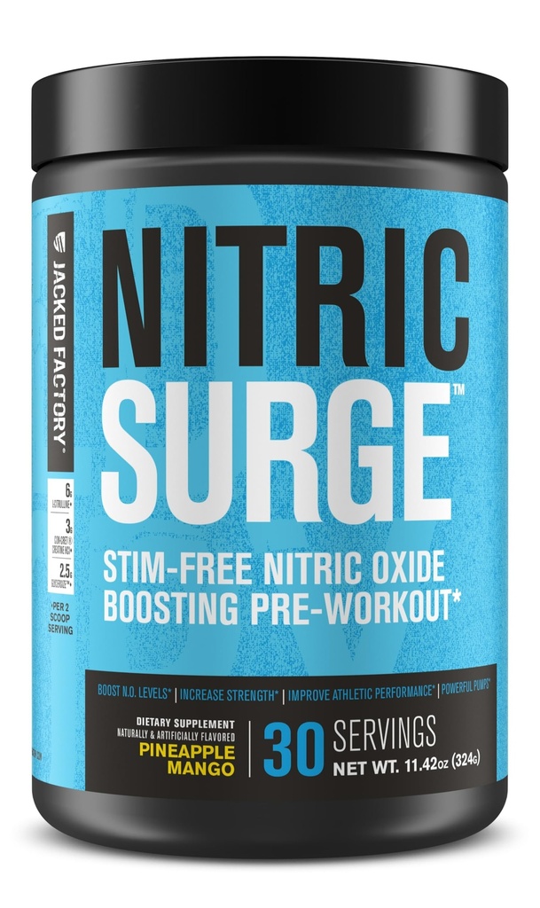 Jacked Factory Nitric Surge Stim Free Pre Workout Powder - Suplement tlenku azotu bez kawy w / Con- Cret Creaine, L Citruline, & GlycerSize Glicerol - Ananas Mango, 30 Służenie