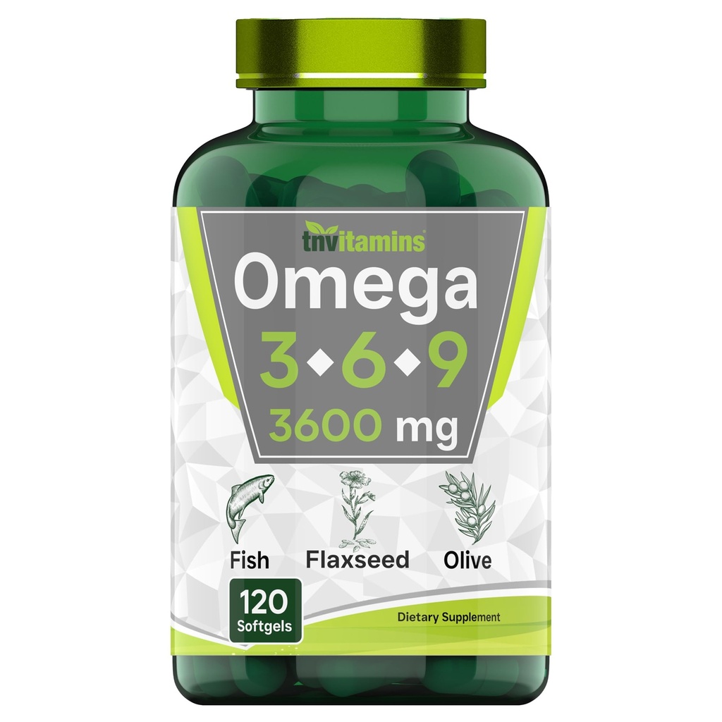 tnwitaminy Triple Omega 3 XI6 XI9: 3600mg x 120 Softgeli XI124; Omega Essential Fatty Acids from Fish Oil (EPA & DHA), Flaxseed (ALA & LA), & Olive Oil (OA) XI124; Suplement dla kobiet i mężczyzn XI124; Non-GMO