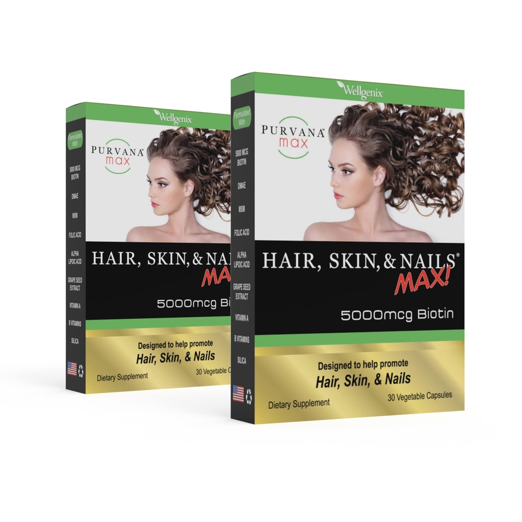 Purvana Max Włosy, Skóra i Nails Witamina - 5000mcg Biotin, Kwas foliowy, DMAE, Wyciąg z nasion winorośli - Jeden dzień Wegan Włosy, Skóra, Nails Support - Promotes Collagen Production - 30 Czapki (Opakowanie 2)