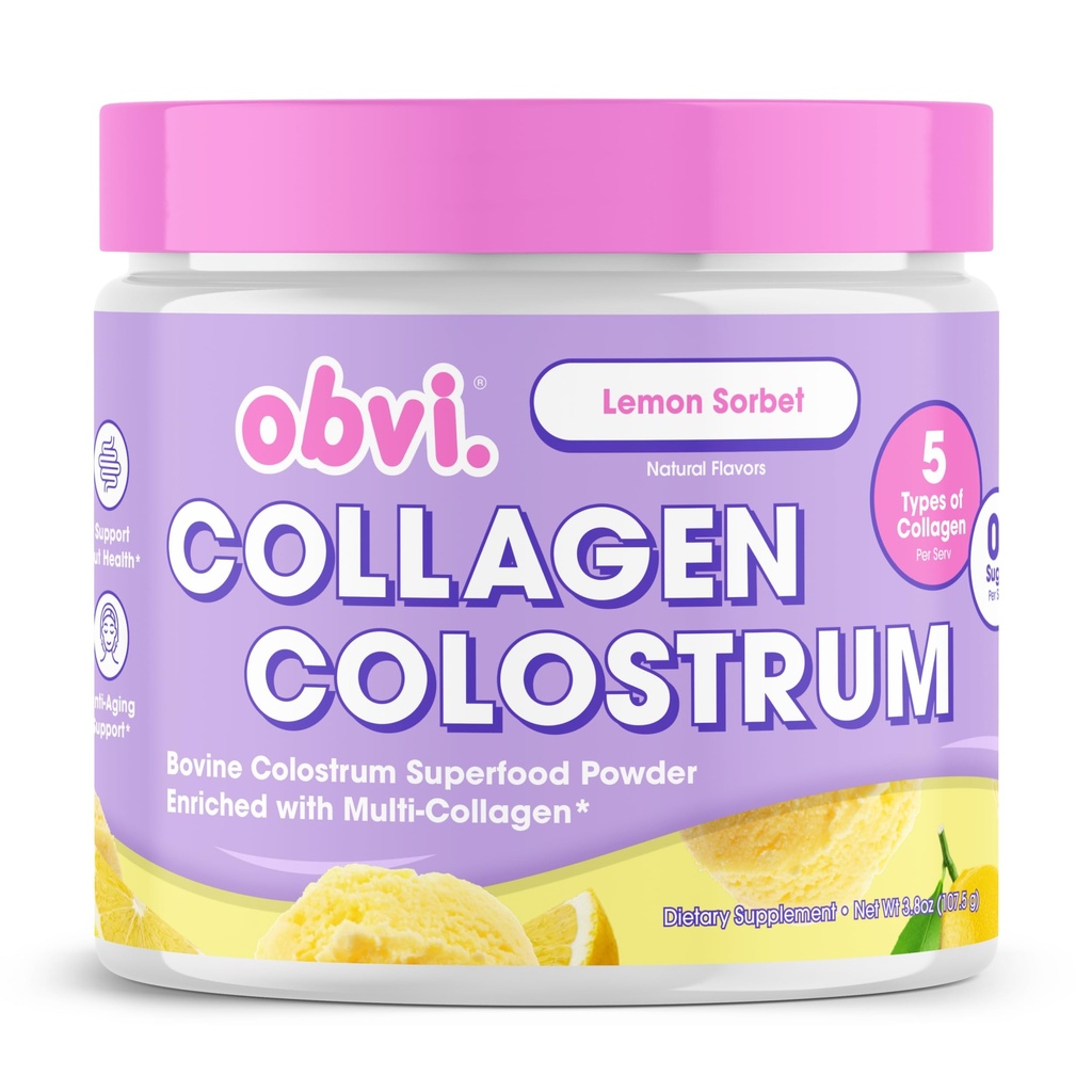Obvi Collagen Peptide Colostrum Proszek Pentagon 124; Multi- Kolagen Peptydy z Grass- Fed Bovine Colostrum Pentagon 124; Pomaga Gut zdrowia, Immune, Skóra i włosy 124; Gluten- Free, Keto- Przyjazny 124; Lemon Sorbet, 30 Służenie