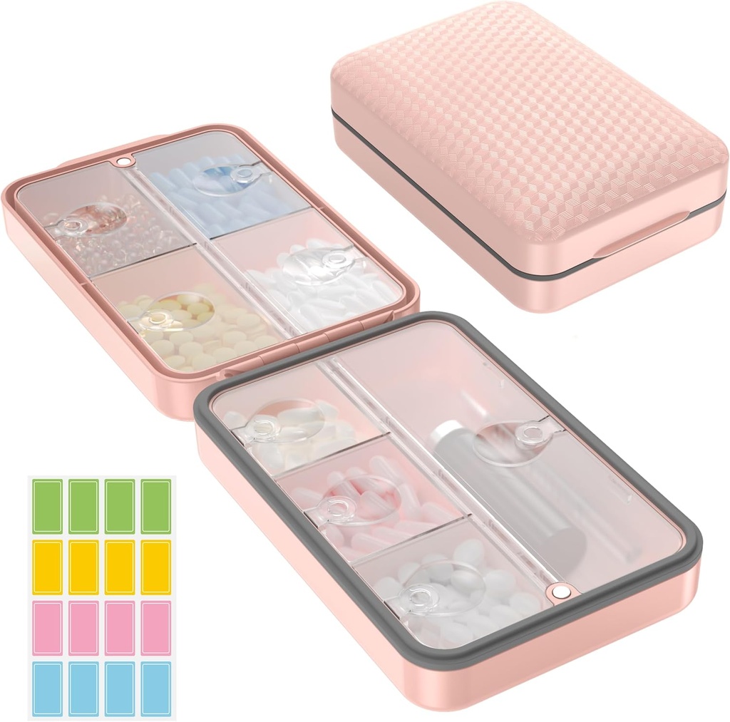 Regree Cotygodniowy Pill Organizer, Magnetic Moisture Proof Pill Case, Duża pojemność Travel Pill Box z wewnętrzną przezroczysty Lid dla witamin, Suplementy i Codzienne Medykacje 8 Komponent (różowy)