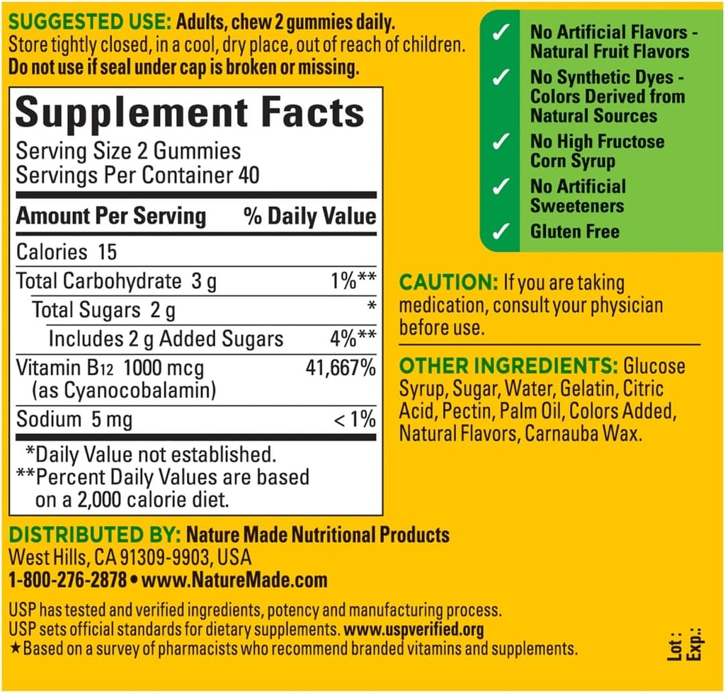 Nature Made B12 Gummies Energy 80 Count, (Pack of 2), smak może się różnić.