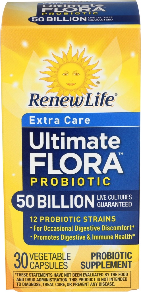 Renew Life Extra Care Digestive Probiotic Kapsułki, 50 Miliard CFU Gwarantowane, Codzienne Suplement Wspiera Immune, Digestive, oddechowe Zdrowie (1), L. Rhamnosus GG, Dairy, Soy i Gluten- Free, 30 Count