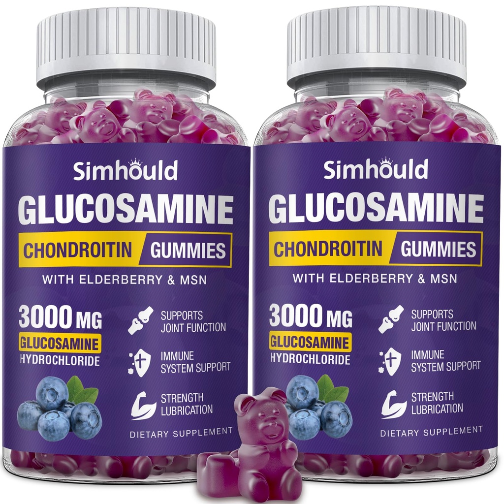 2 Opakowania Glukozamina Gummie Chondroitin - 3000MG Extra Siła Joint Support Supplement z MSM & Elderberry, Elastyczność, Gummy przeciwutleniające immunologiczne dla dorosłych, Mężczyźni i kobiety