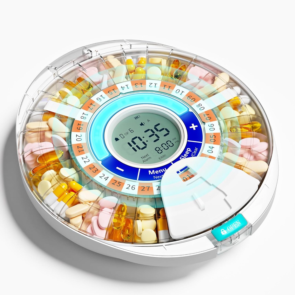 Zmodernizowany automatyczny dozownik dla osób w podeszłym wieku z alarmem: Smart Pill Dispenser Machine z 28- Slot, Mix- Proof Tech & XL LCD, Zwiększona trwałość dla codziennego zarządzania lekami
