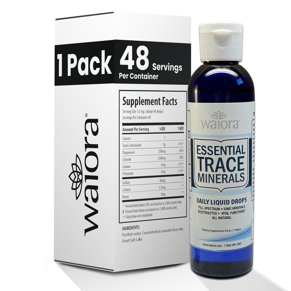 Waiora Essential Trace Minerals: 124; Pomoc uzupełniająca: Zagubione / Zlikwidowane Minerały: 124; 60 + Minerały jonowe: 124; Funkcje Vital Body, pH Balance: 124; Plus Elektrolity do Hydracji (1 Bott / 48 serv)