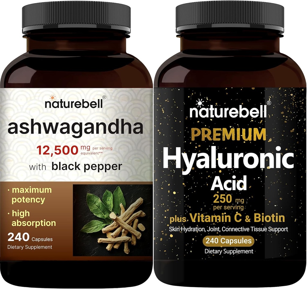 NatureBell Hyaluronic Acid Kapsułki z Biotin + Witamina C & Ashwagandha 12,500 mg Równoważny z Black Pepper Bundle Pack 124; Kompletny kompleks pielęgnacji urody 124; Dodatki adaptacyjne do relaksacji