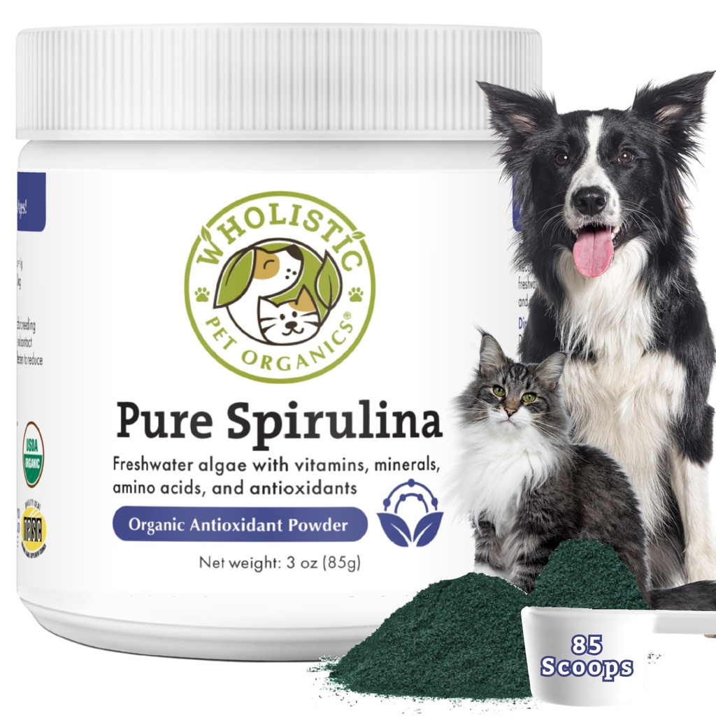Wholistic Pet Organics Spirulina dla psów - 3 Oz - Wspiera zdrowy system immunologiczny & Alergia sezonowa - Przeciwutleniacz roślin Wsparcie dla Homemade Food - Organic Dog Food Topper - Świeżo wykonane w USA